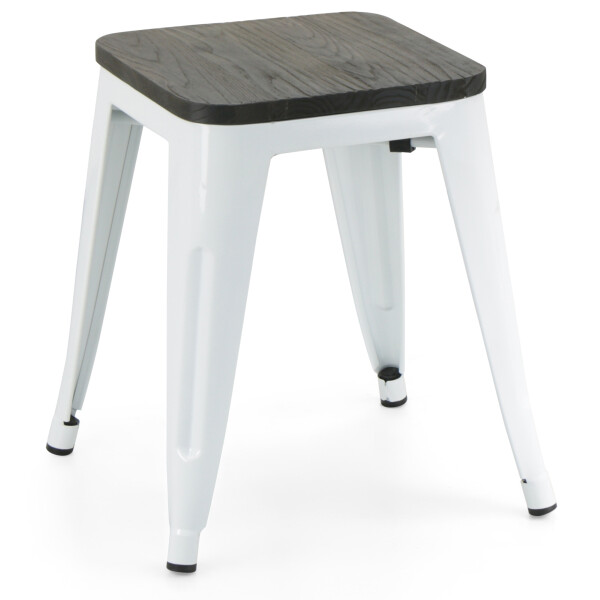 Retro Metal Dining Stool with Wooden Seat (White)