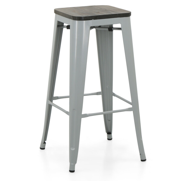 Retro Metal Bar Stool with Wooden Seat (Grey)