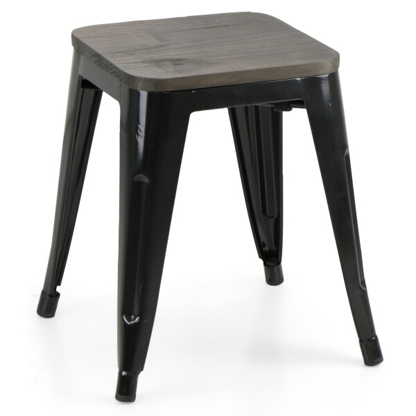 Retro Metal Dining Stool with Wooden Seat (Black)
