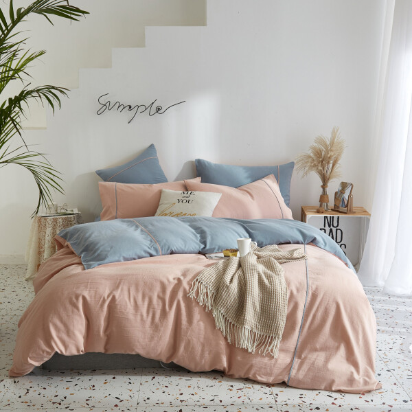 FyneLinen 100% Washed Cotton 900TC Bed Set (Cherry Blossom & Powder Blue)