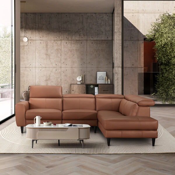Aleksi L-Shape With One Electric Recliner USB Leather Sofa Chaise on Left When Seated (Cognac)