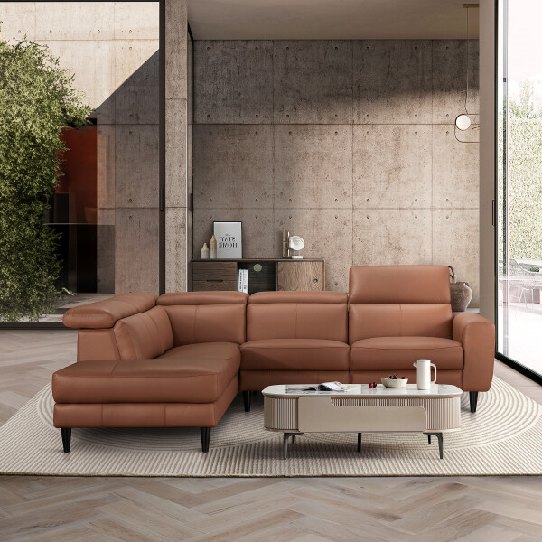 Aleksi L-Shape With One Electric Recliner USB Leather Sofa Chaise on Right When Seated (Cognac)