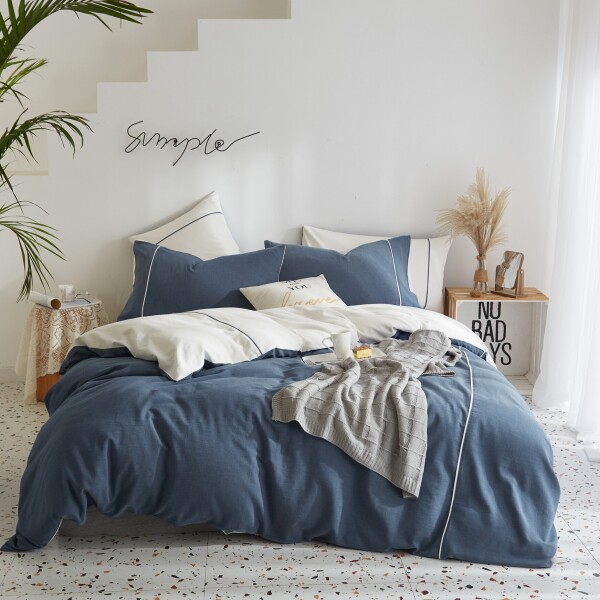 FyneLinen 100% Washed Cotton 900TC Bed Set (Symphony Blue & White)