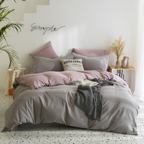 FyneLinen 100% Washed Cotton 900TC Bed Set (Dove Grey & Mauve)