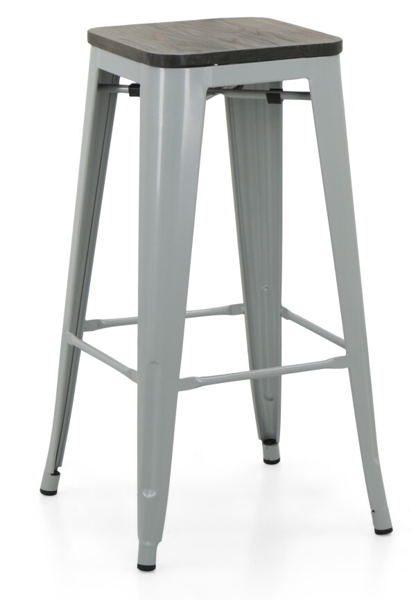 Retro Metal Bar Stool with Wooden Seat (Grey)