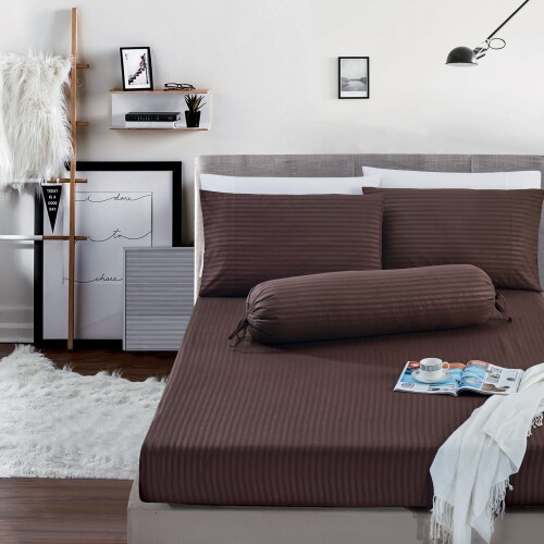 Bedding Day - Soft Microfiber Print 700TC Fitted Sheet Set - Coco Brown Stripe