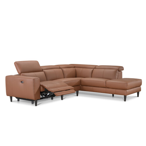 Aleksi L-Shape With One Electric Recliner USB Leather Sofa Chaise on Left When Seated (Cognac)