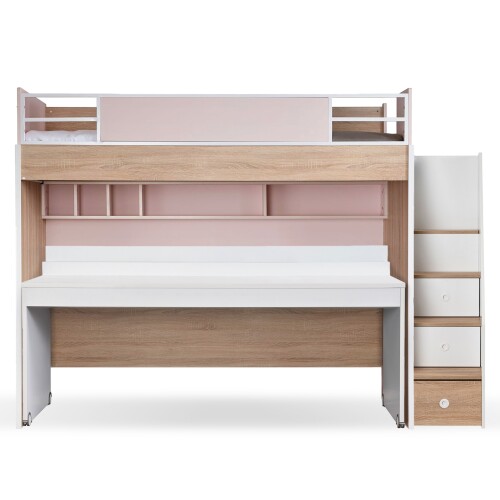 Elowyn Kids Single Loft Bed with Study Table Set (Pink/Natural)