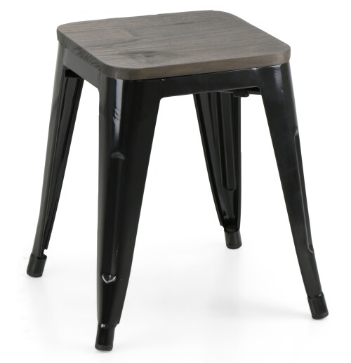 Retro Metal Dining Stool with Wooden Seat (Black)