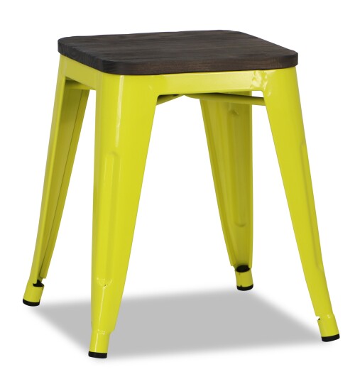 Retro Metal Dining Stool with Wooden Seat (Yellow)