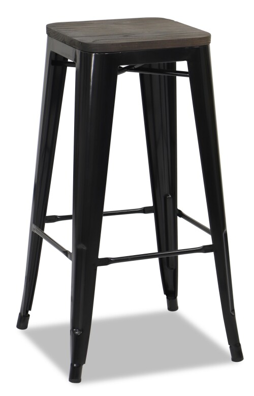 Retro Metal Bar Stool with Wooden Seat (Black)